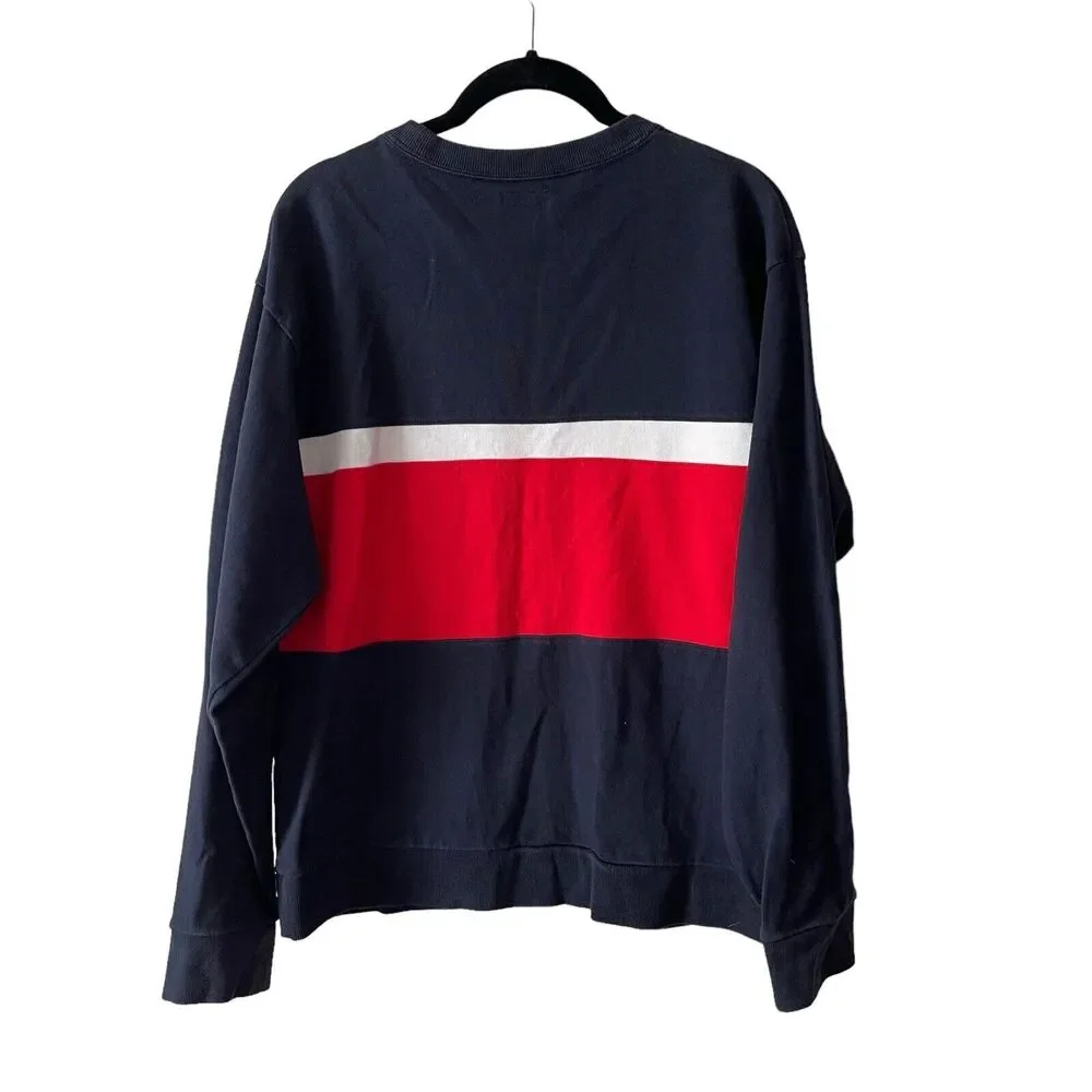 Roots Mens Medium Crewneck Sweatshirt Pullover Navy Blue Red White Colorblock
